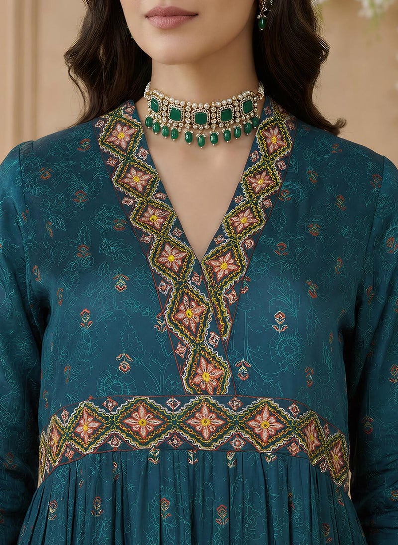 Globus Women Teal Embroidered V-Neck Puff Sleeves Gold Foil Floral Print Gathered & Tiered Midi A-Line Fusion Dress - Image 5